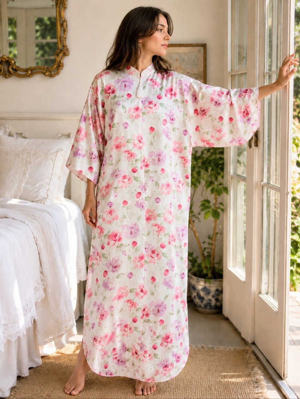 Vintage Valerie Stevens Floral Jacquard Caftan Hostess Gown Robe M